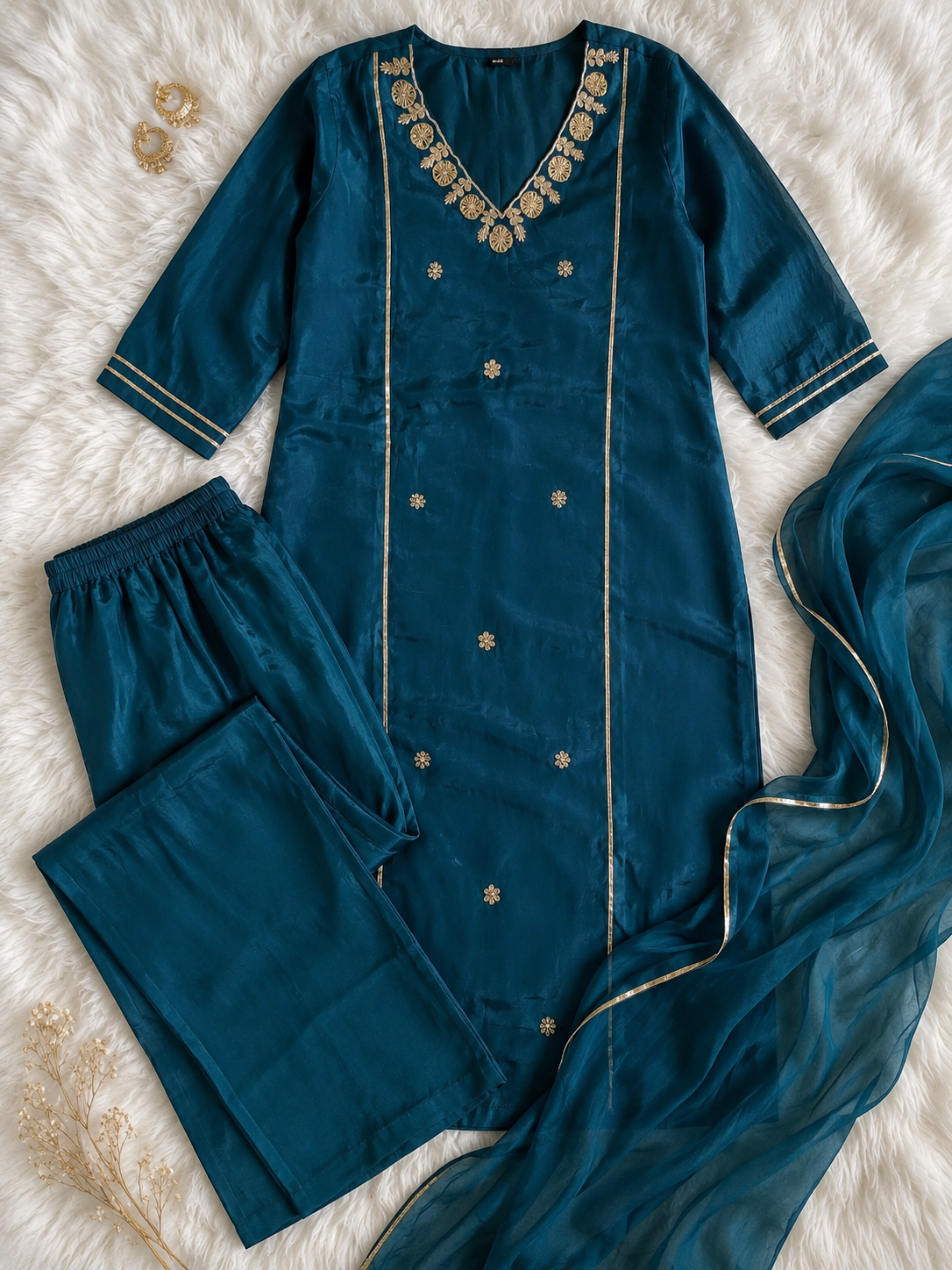 Peacock Teal Embroidered Kurta Palazzo Set