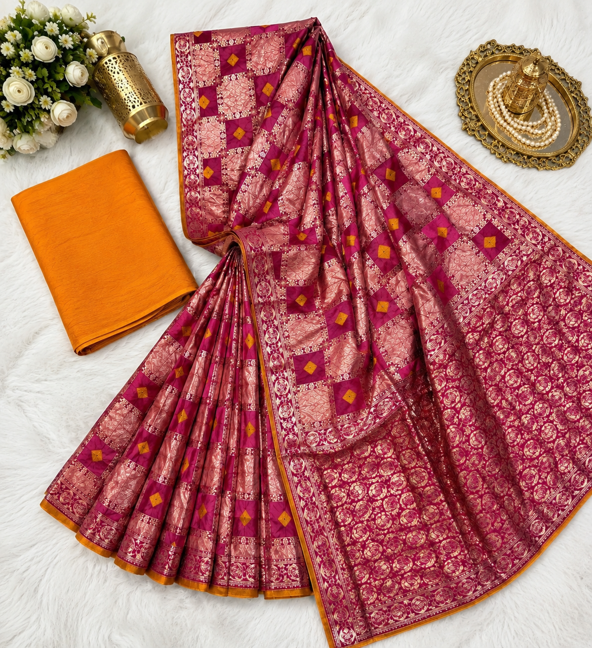 Rani Pink & Gold Checkered Banarasi-Style Saree