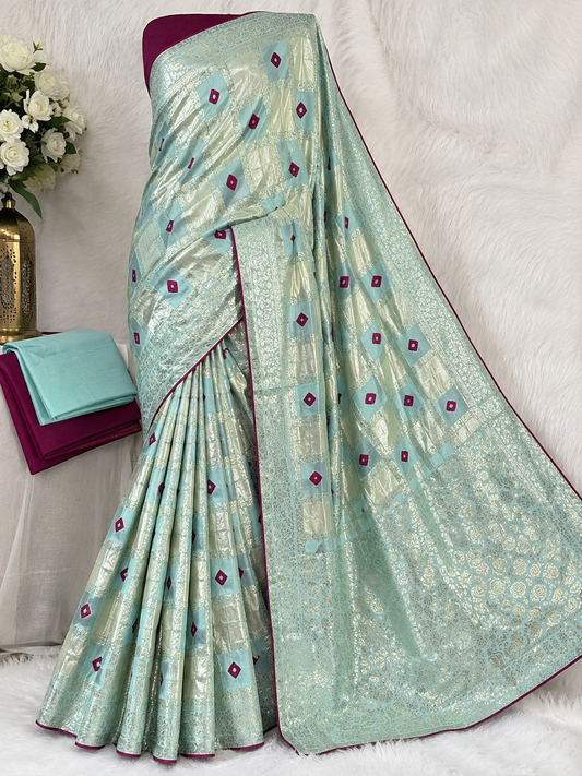 Aqua Blue & Gold Checkered Banarasi-Style Saree