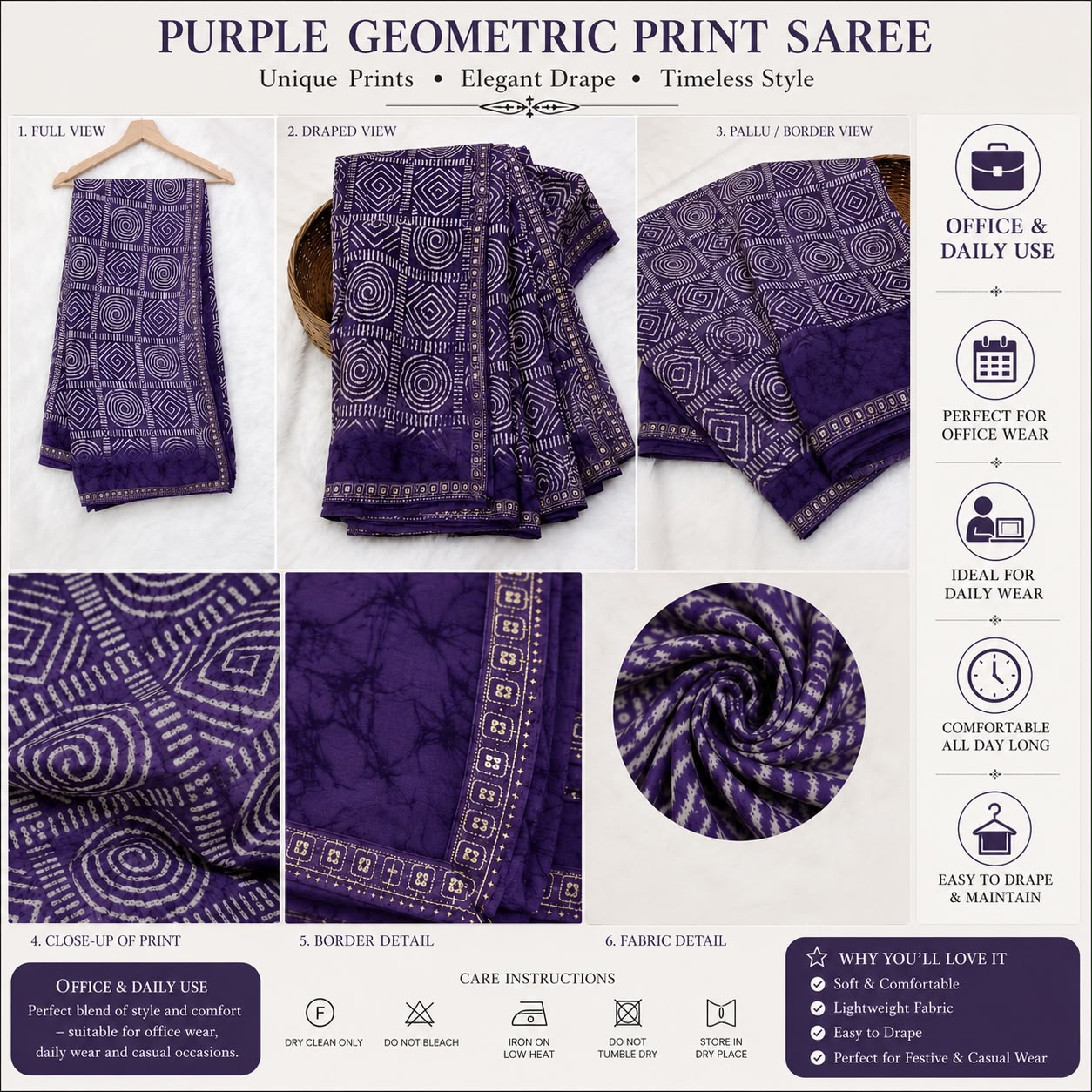 ELEGANT PURPLE GEOMETRIC PRINT SAREE