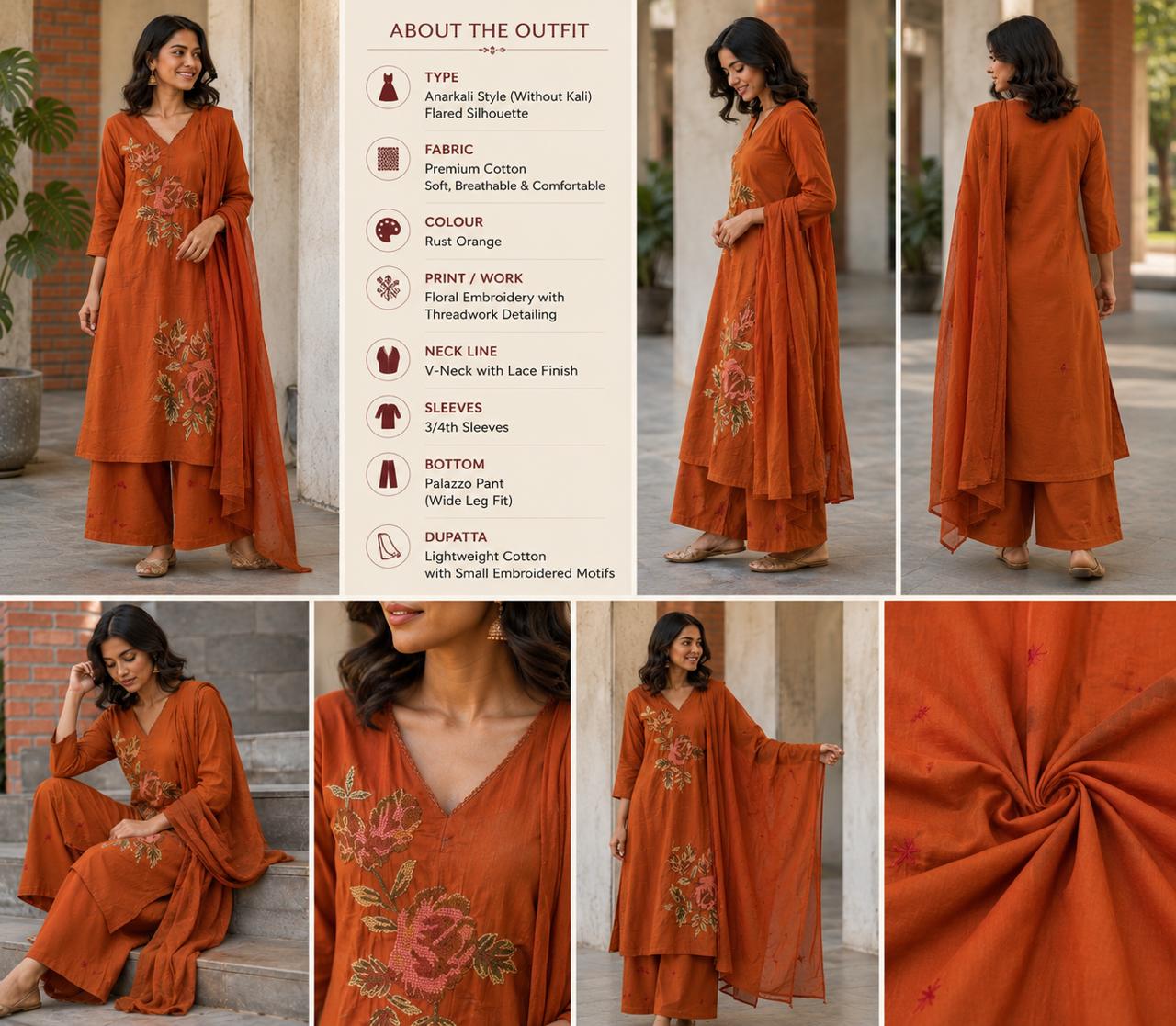 Rust Orange Floral Printed Cotton Suit Set with Organza Dupatta