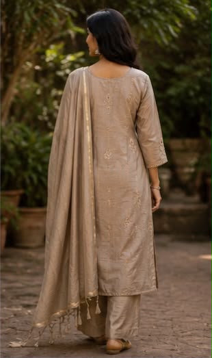 Champagne Beige Embroidered Cotton Blend Suit Set with Tassel Dupatta