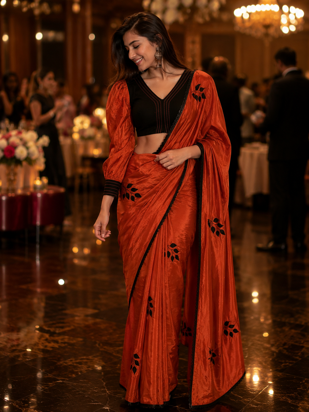 Rust Orange Leaf Appliqué Saree with Designer Blouse