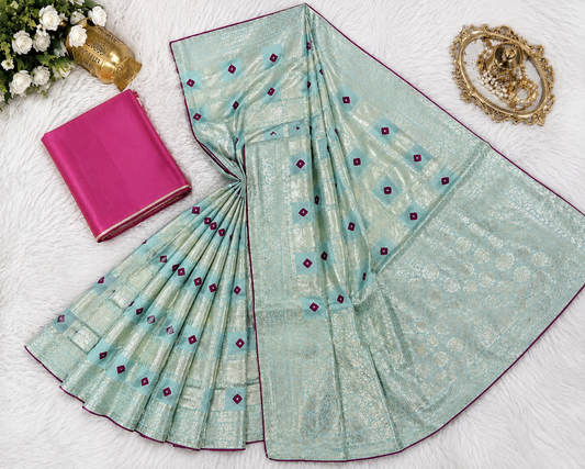Aqua Blue & Gold Checkered Banarasi-Style Saree