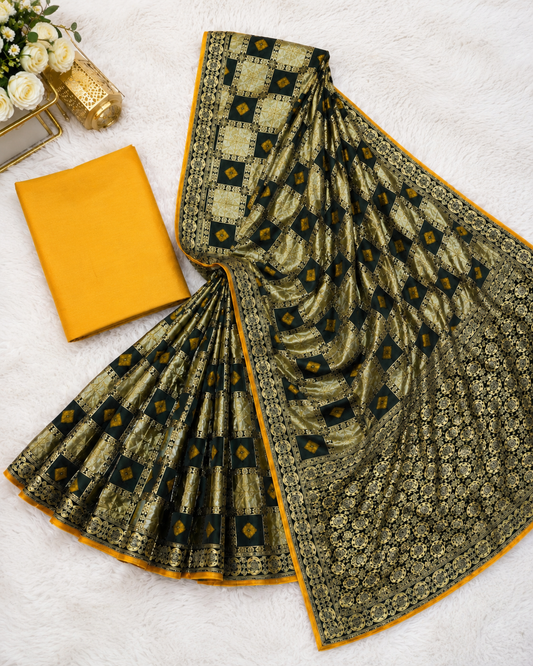 Bottle Green & Gold Checkered Banarasi-Style Saree