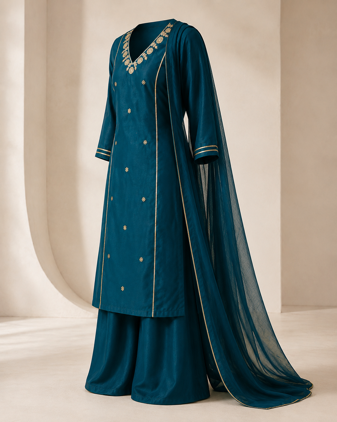 Peacock Teal Embroidered Kurta Palazzo Set