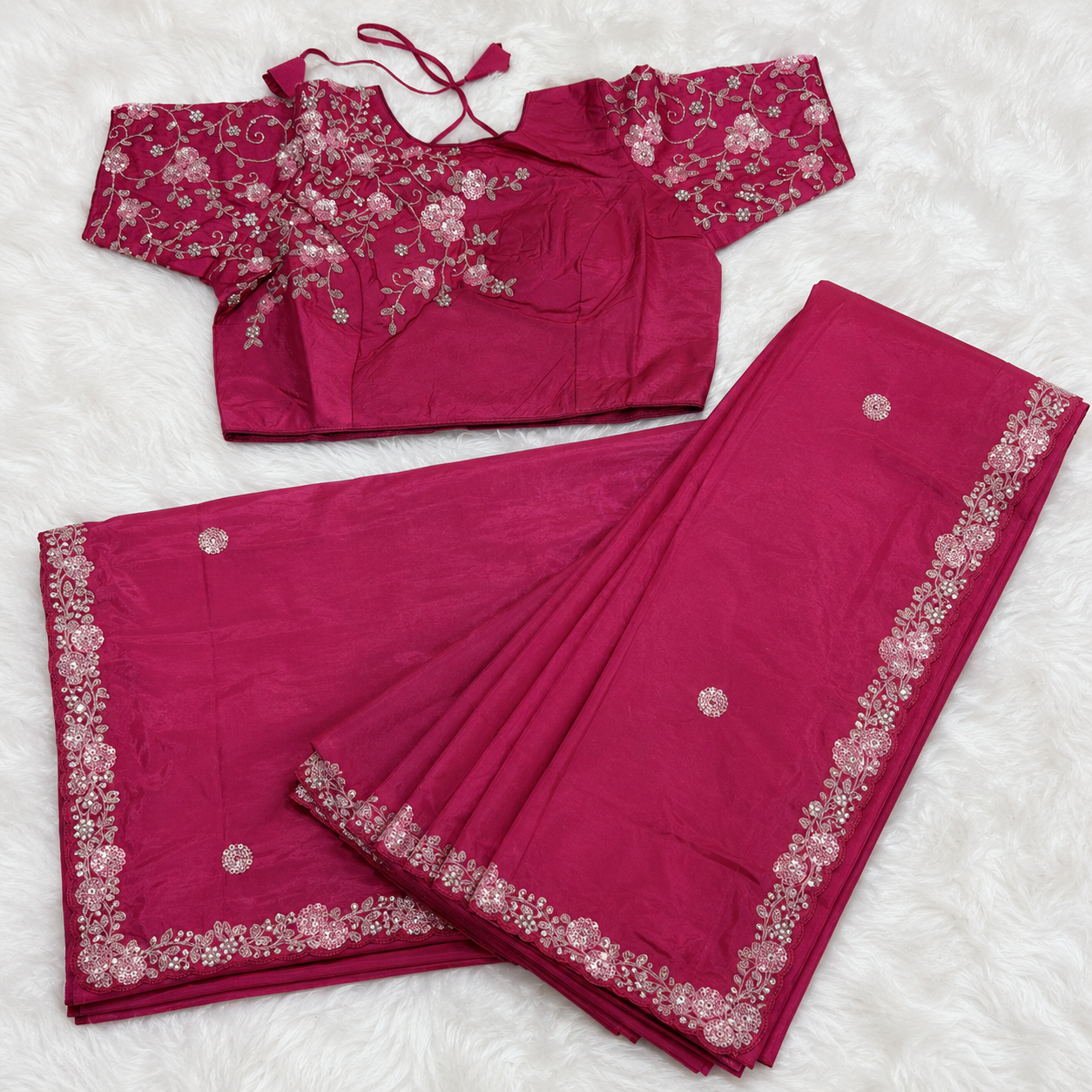 Rani Pink Floral Embroidered Saree with Blouse