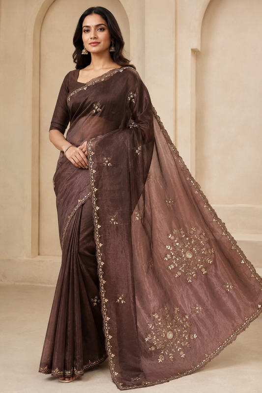 Dual-Tone Mocha Brown Floral Embroidered Saree