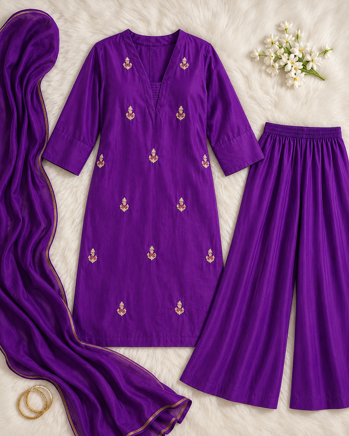 Royal Purple Embroidered Kurta Palazzo Set
