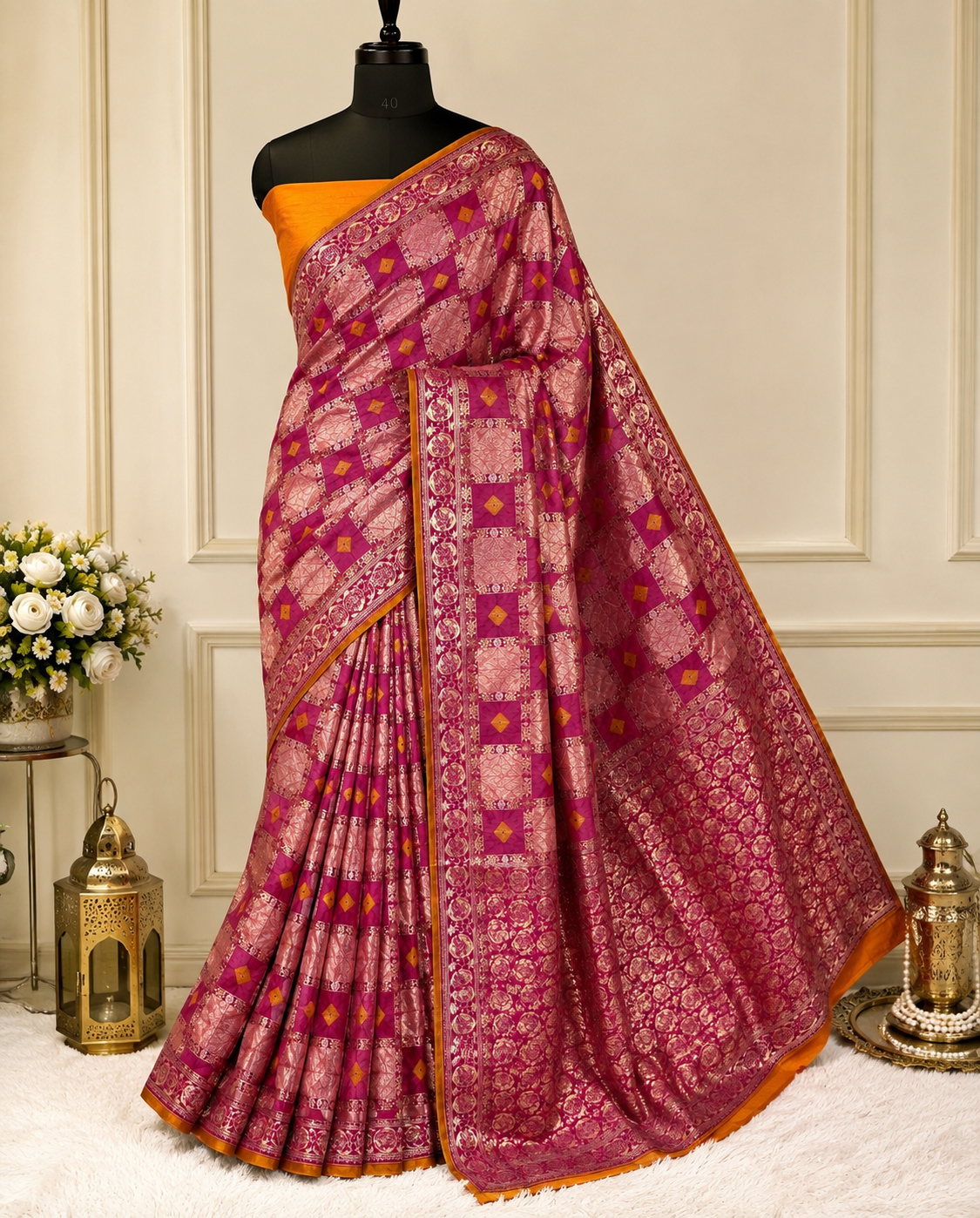 Rani Pink & Gold Checkered Banarasi-Style Saree