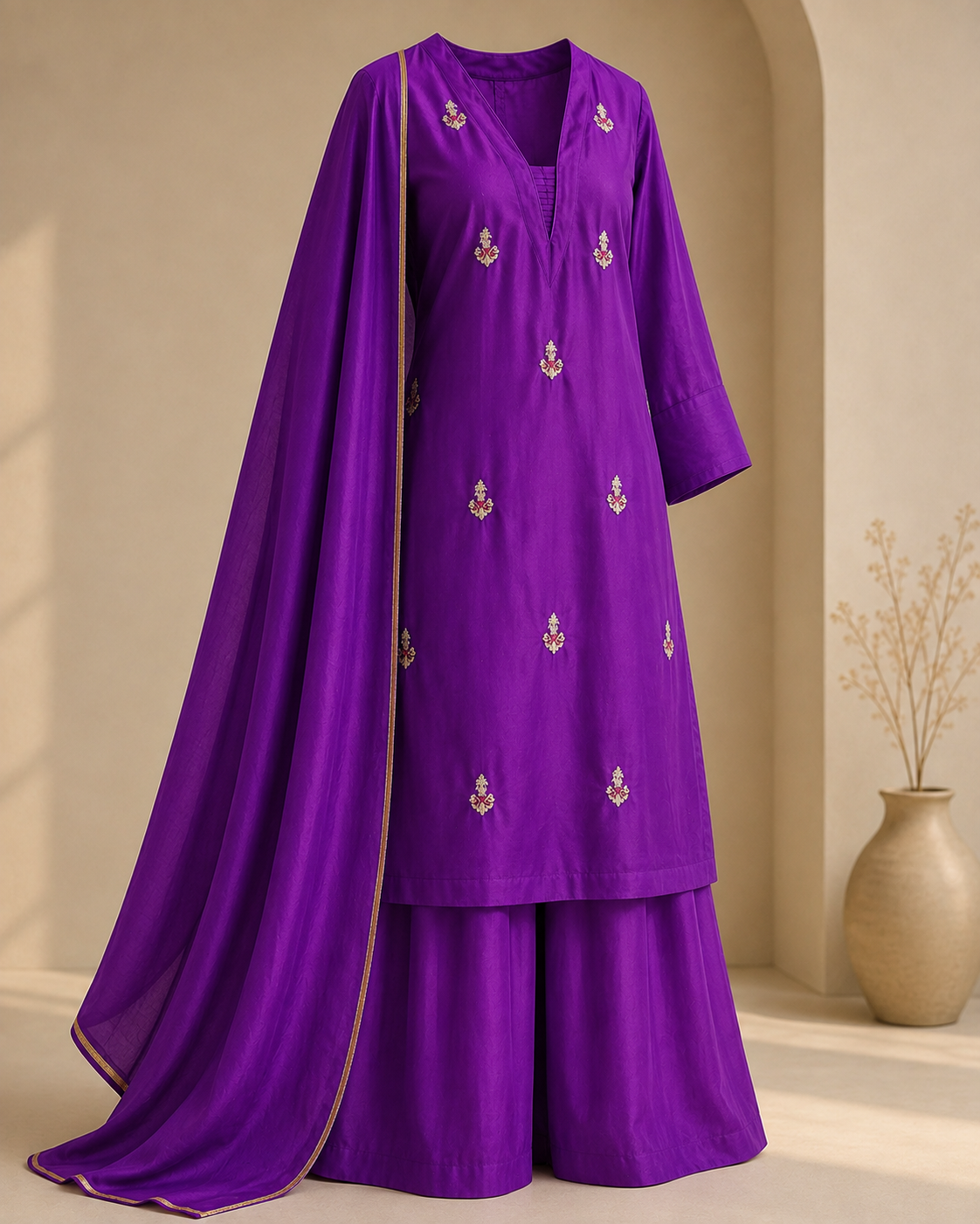 Royal Purple Embroidered Kurta Palazzo Set
