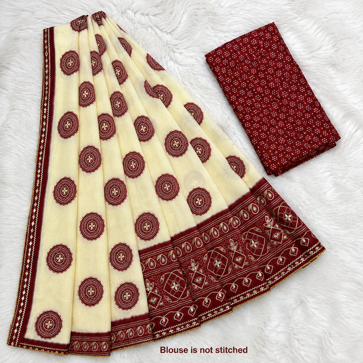 Ivory & Maroon Traditional Ajrakh Print Saree