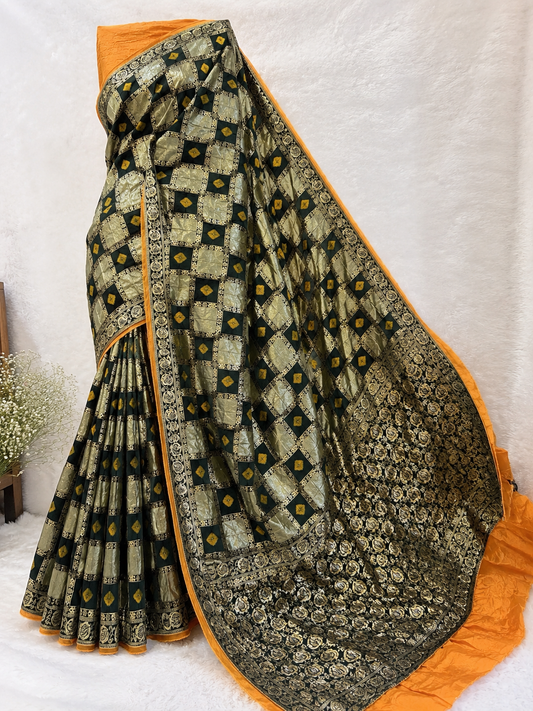 Bottle Green & Gold Checkered Banarasi-Style Saree
