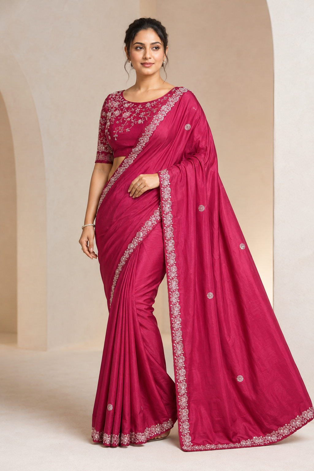 Rani Pink Floral Embroidered Saree with Blouse
