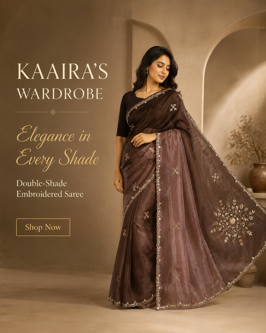 Dual-Tone Mocha Brown Floral Embroidered Saree