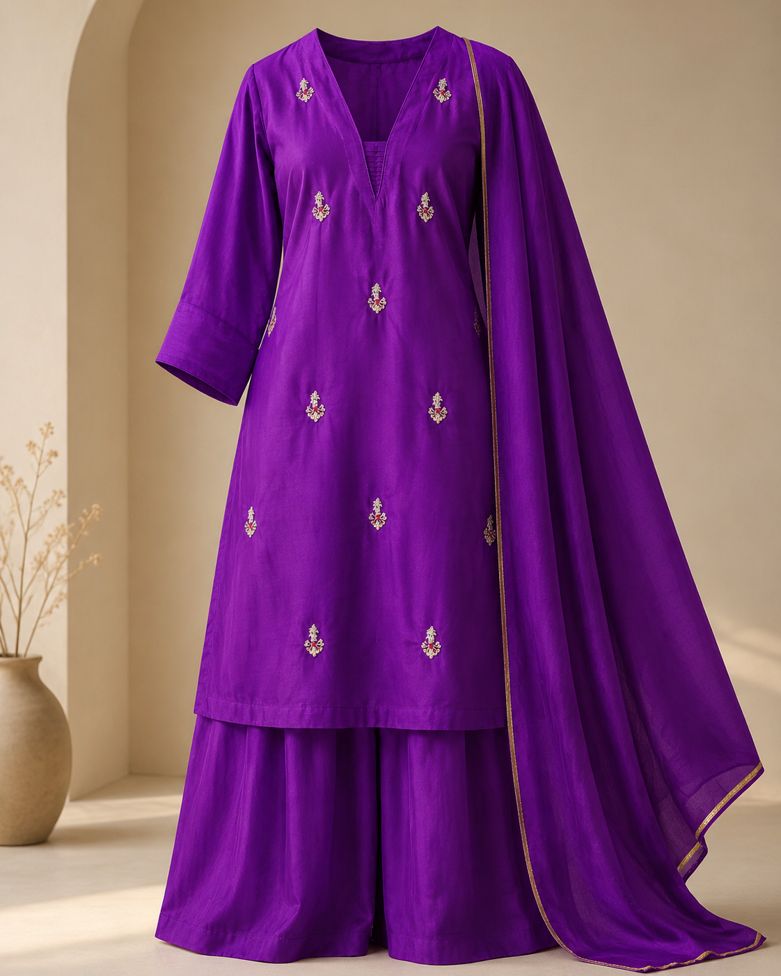 Royal Purple Embroidered Kurta Palazzo Set