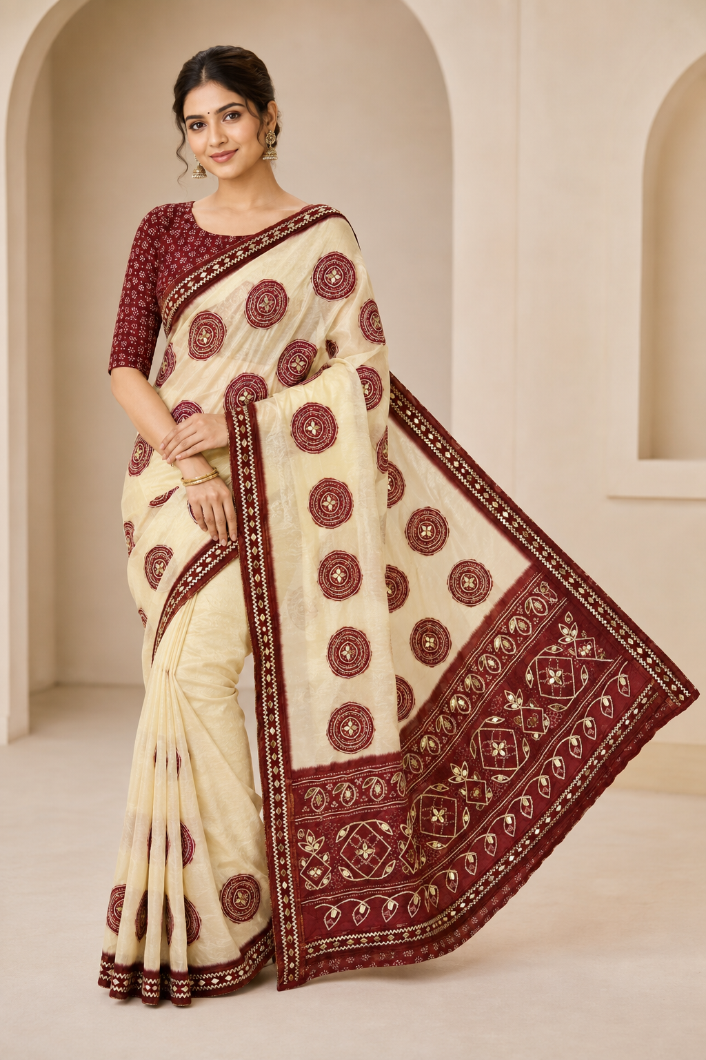 Ivory & Maroon Traditional Ajrakh Print Saree