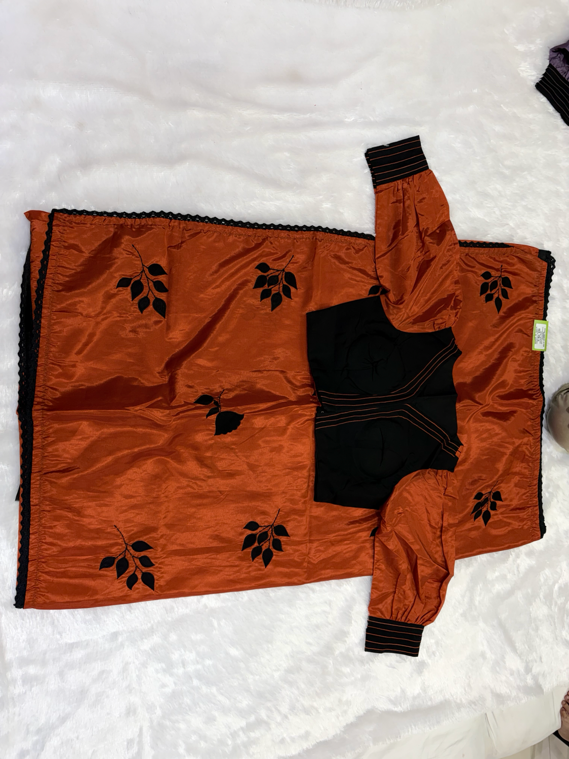Rust Orange Leaf Appliqué Saree with Designer Blouse