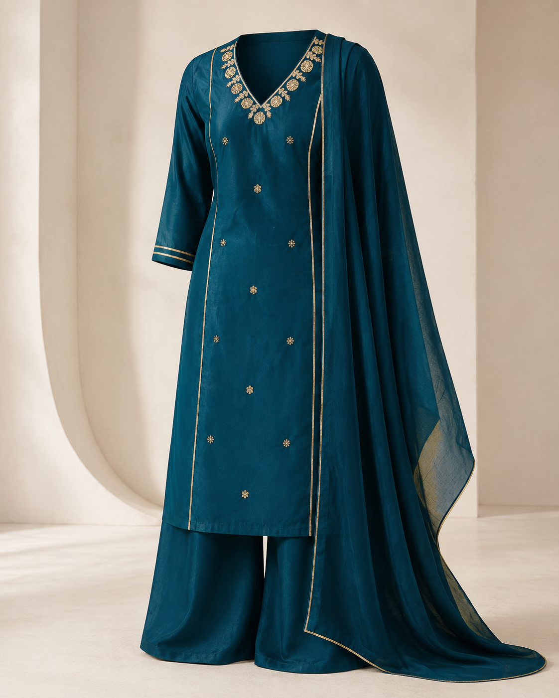 Peacock Teal Embroidered Kurta Palazzo Set