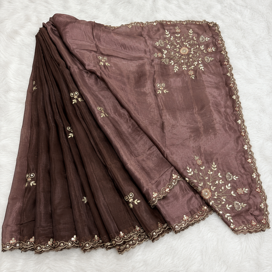 Dual-Tone Mocha Brown Floral Embroidered Saree