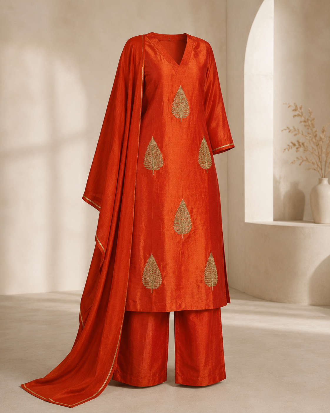 Vermilion Orange Leaf Embroidered Kurta Palazzo Set