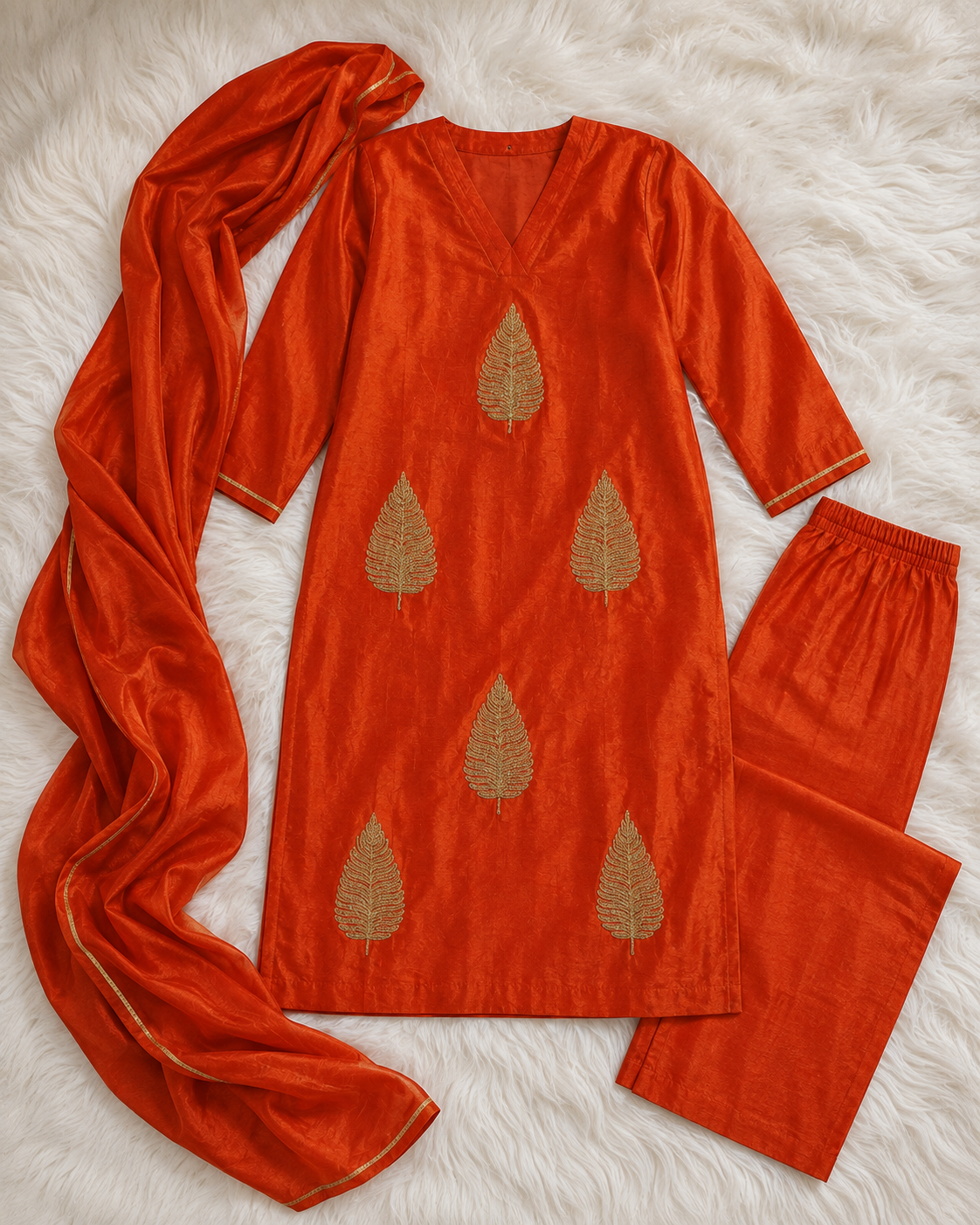 Vermilion Orange Leaf Embroidered Kurta Palazzo Set