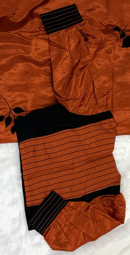 Rust Orange Leaf Appliqué Saree with Designer Blouse