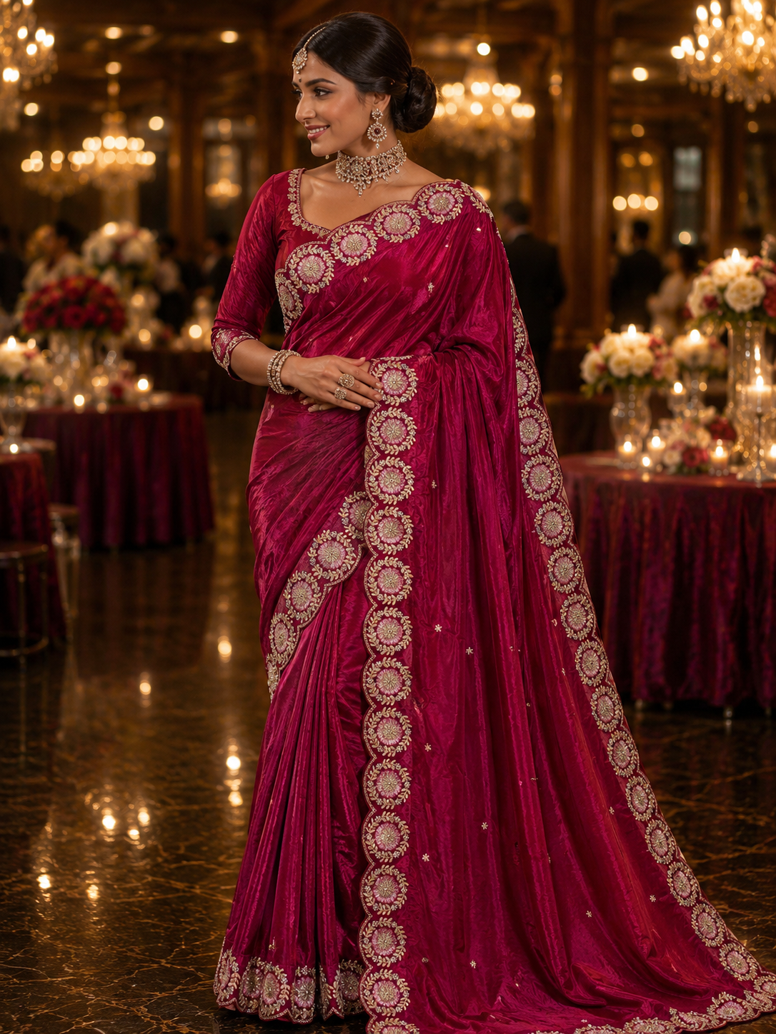 Rani Pink Medallion Embroidered Saree
