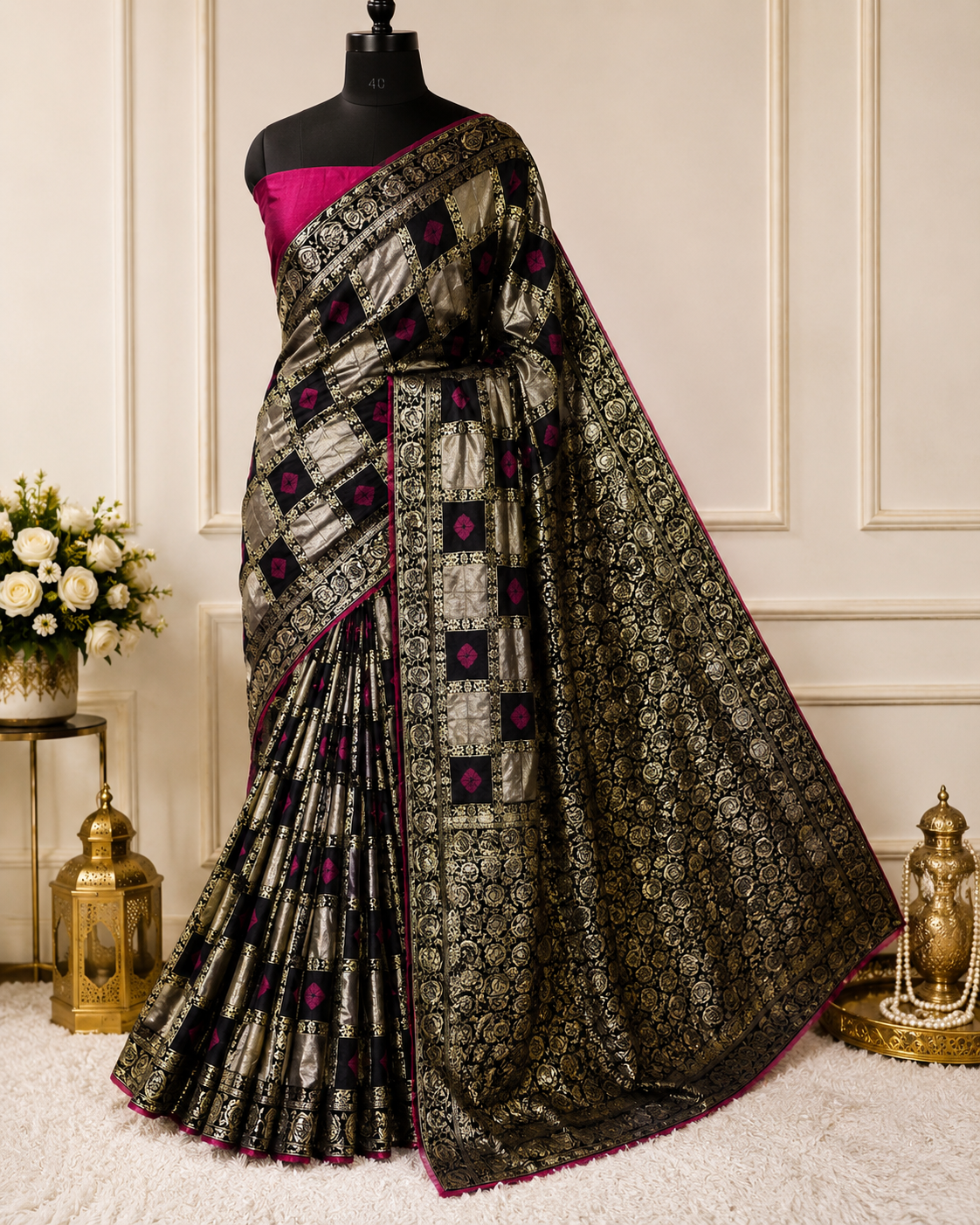 Black & Golden Checkered Banarasi-Style Saree