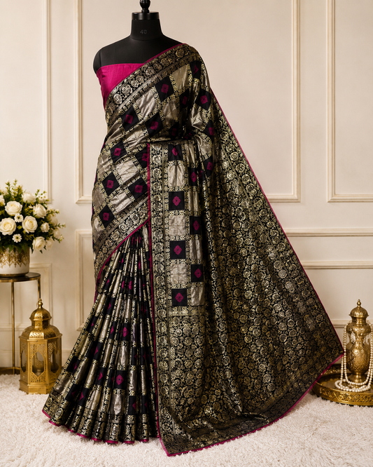 Black & Golden Checkered Banarasi-Style Saree
