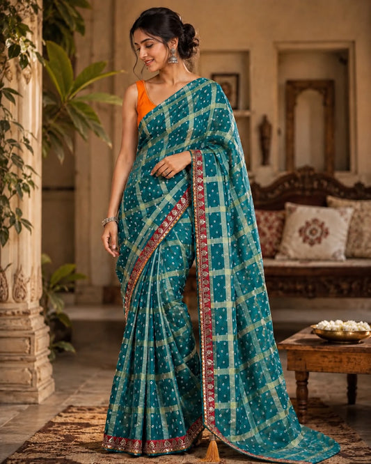 PREMIUM  TEAL GREEN BHANDHANI DESIGNER SAREE