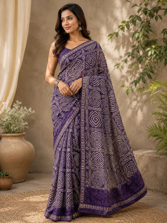 ELEGANT PURPLE GEOMETRIC PRINT SAREE