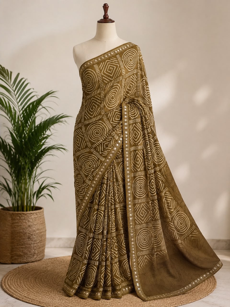 PRINTED COTTON BLEND SAREE WITH MIRROR BORDER