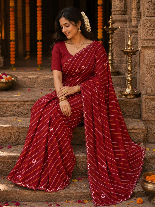LEHERIYA SAREE WITH SCALLOPED LACE BORDER