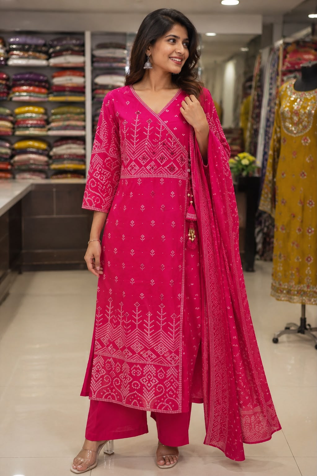 Rani Pink Bandhani Print Cotton Suit Set with Dupatta