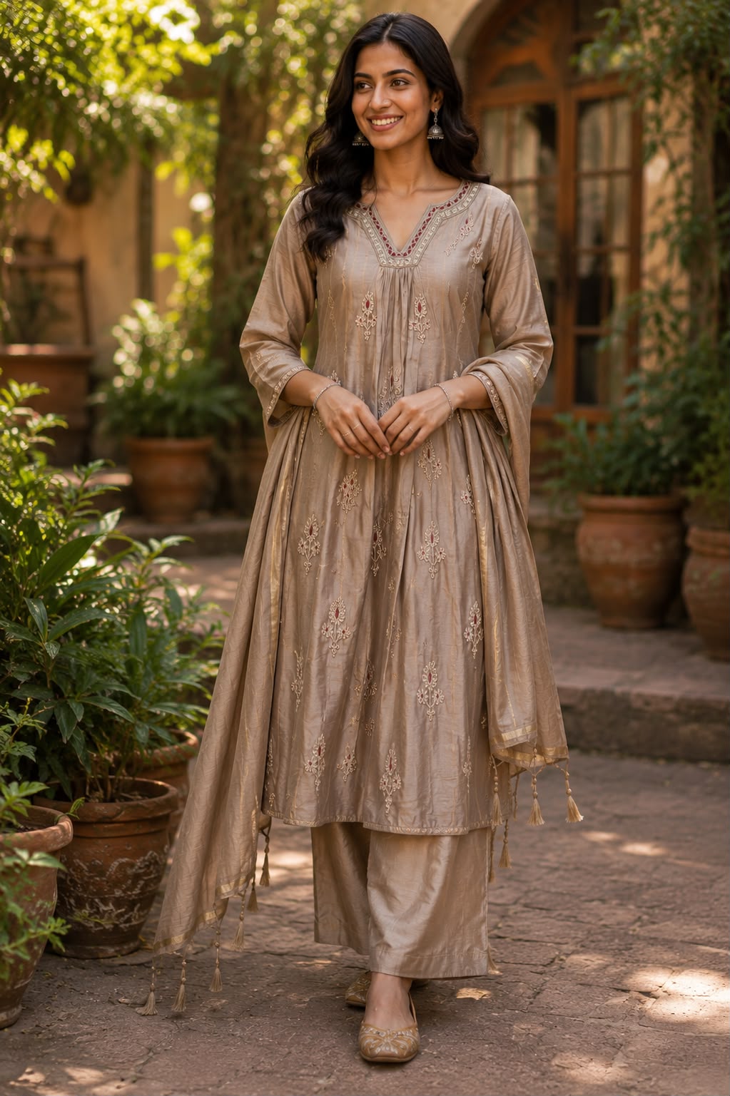 Champagne Beige Embroidered Cotton Blend Suit Set with Tassel Dupatta