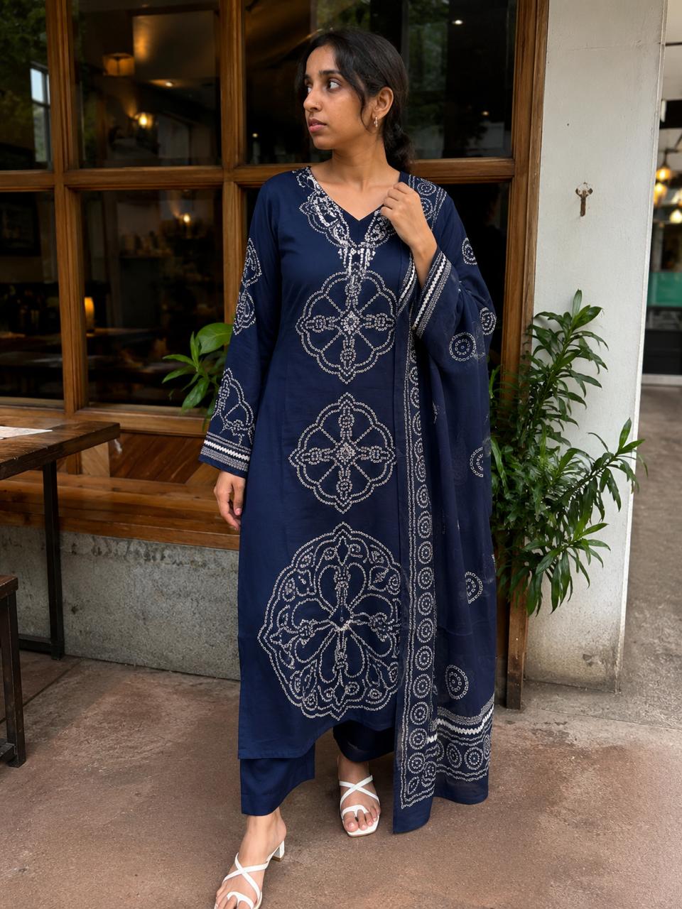 Midnight Blue Handblock Printed Cotton Suit Set with Dupatta