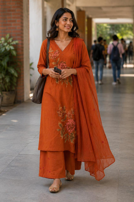 Rust Orange Floral Printed Cotton Suit Set with Organza Dupatta