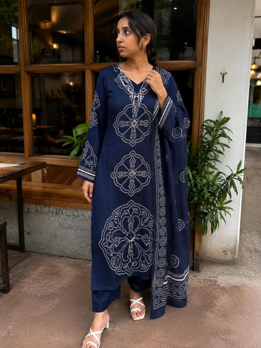 Midnight Blue Handblock Printed Cotton Kurta Set with Dupatta