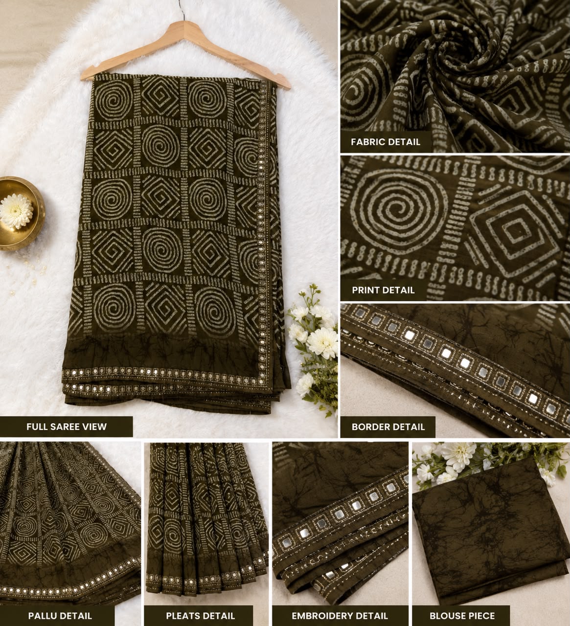 PRINTED COTTON BLEND SAREE WITH MIRROR BORDER