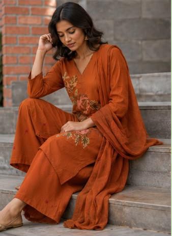 Rust Orange Floral Printed Cotton Suit Set with Organza Dupatta