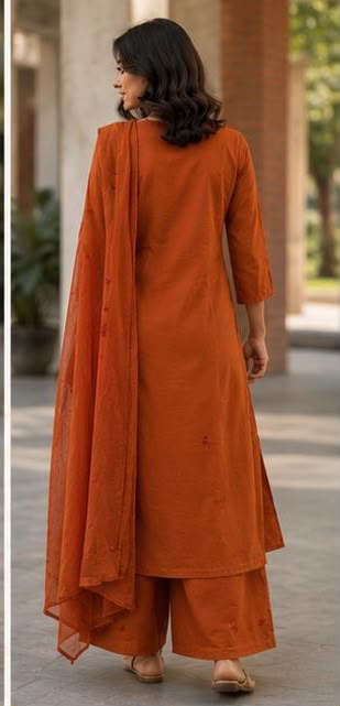 Rust Orange Floral Printed Cotton Suit Set with Organza Dupatta