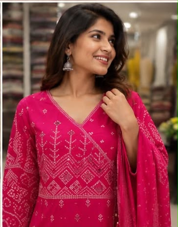 Rani Pink Bandhani Print Cotton Suit Set with Dupatta