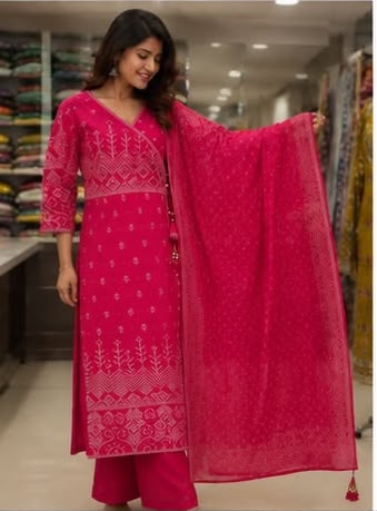 Rani Pink Bandhani Print Cotton Suit Set with Dupatta