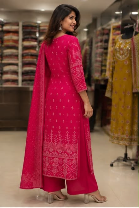 Rani Pink Bandhani Print Cotton Suit Set with Dupatta