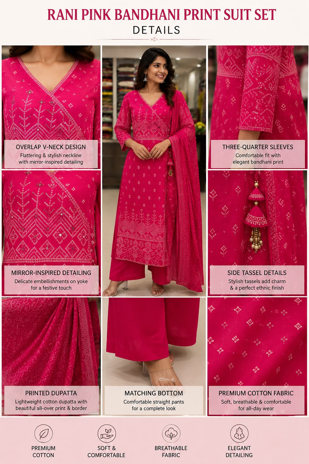 Rani Pink Bandhani Print Cotton Suit Set with Dupatta