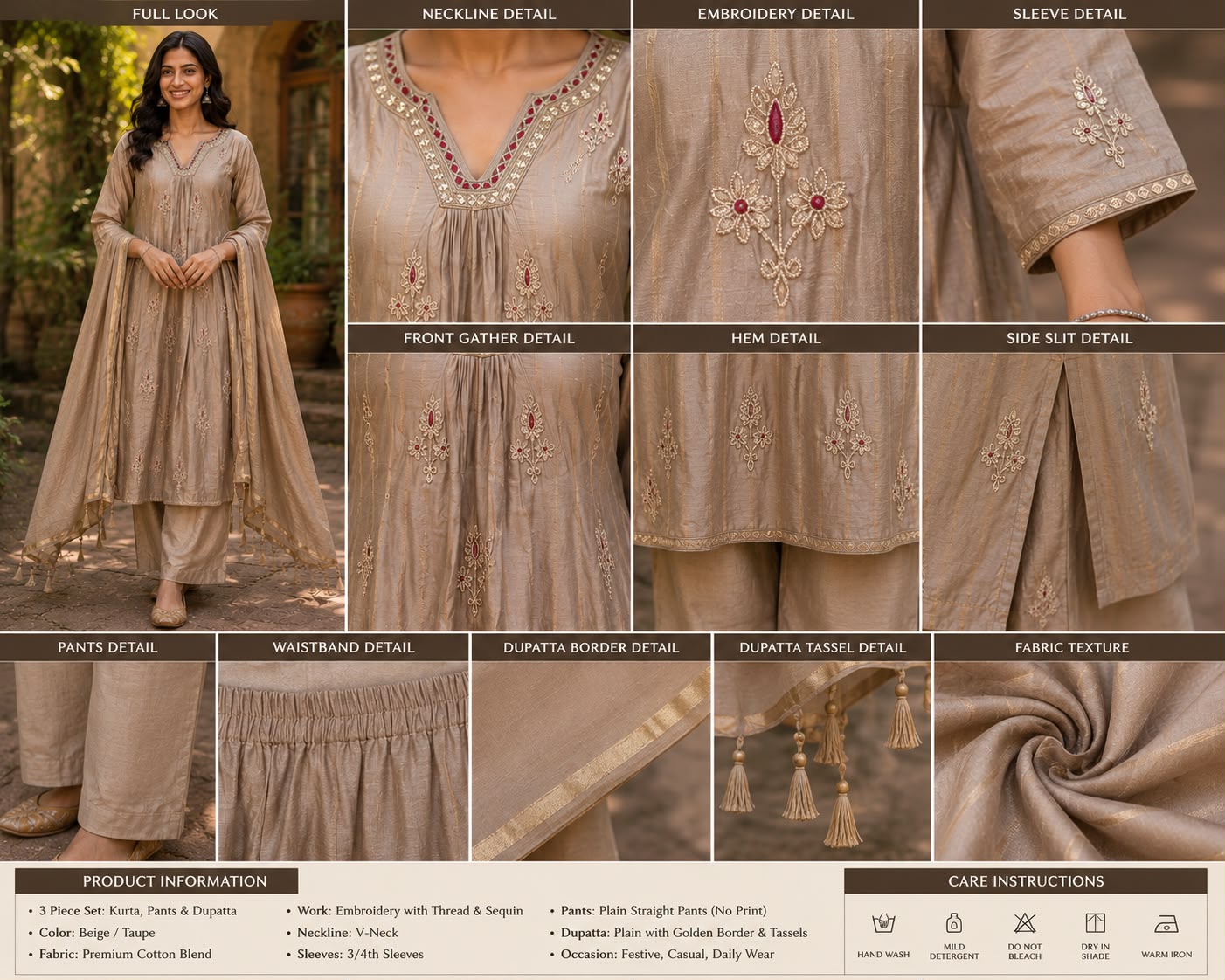 Champagne Beige Embroidered Cotton Blend Suit Set with Tassel Dupatta