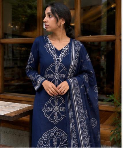 Midnight Blue Handblock Printed Cotton Suit Set with Dupatta