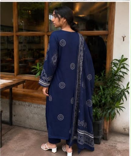 Midnight Blue Handblock Printed Cotton Suit Set with Dupatta