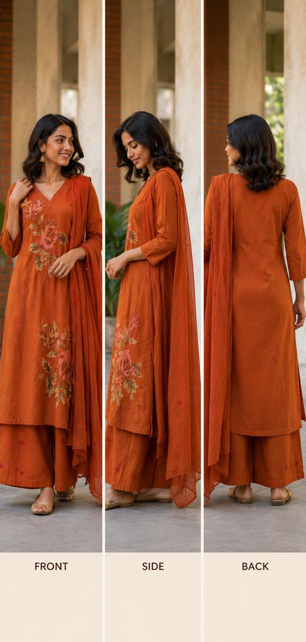 Rust Orange Floral Printed Cotton Suit Set with Organza Dupatta